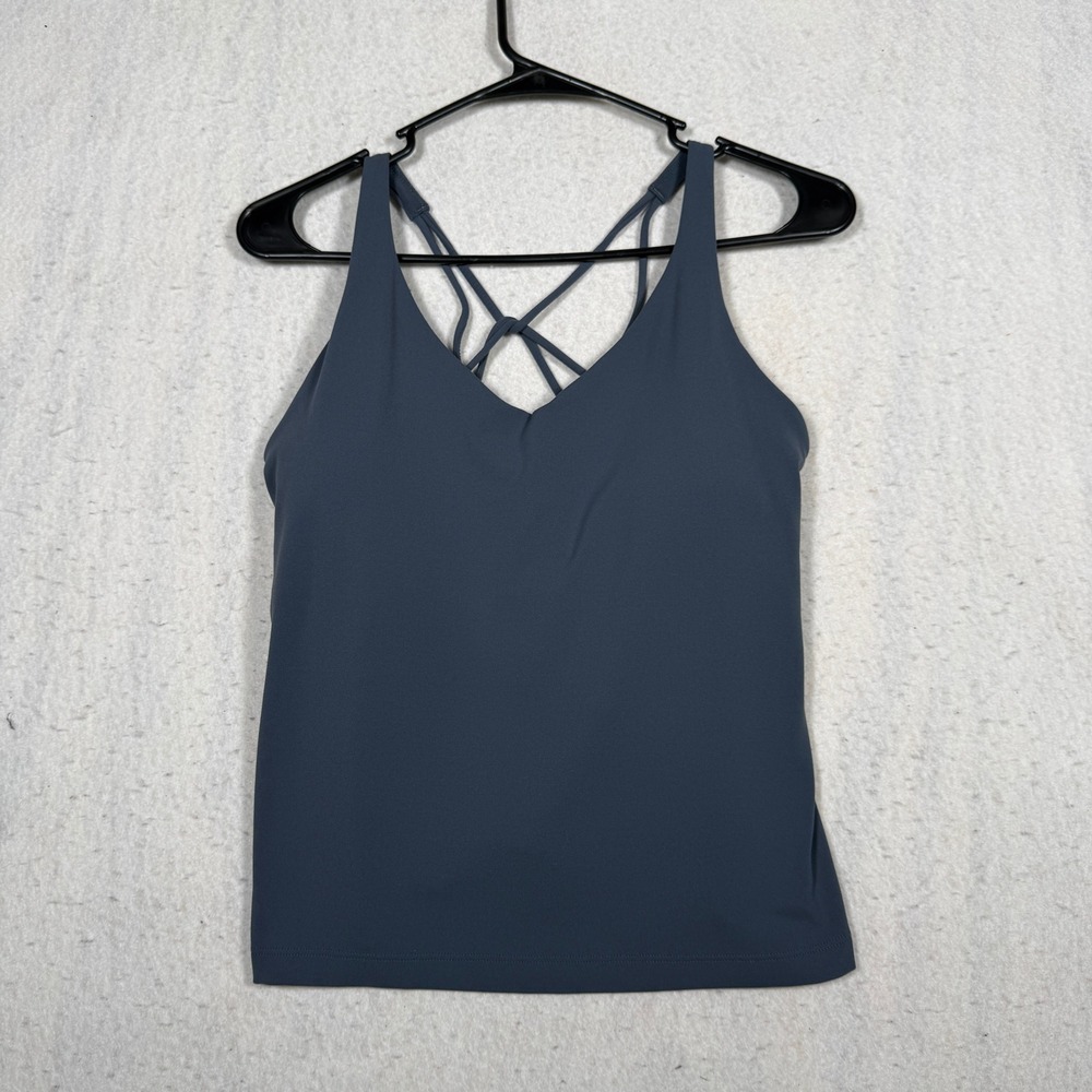 Athleta Elation V-Neck Strappy Back Tank Top with Shelf Bra Blue Gray M 659060